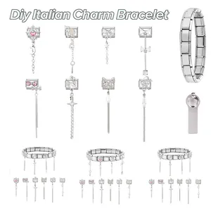 Macro detail of DIY Italian charm bracelet set with pink crystals and charms