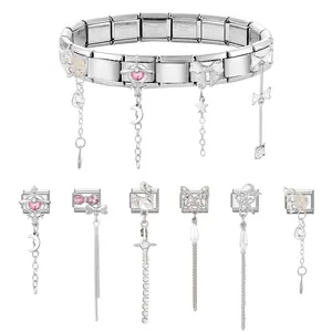 Modular stainless steel charm bracelet with pink gemstones, moon and bow pendants