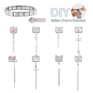DIY modular Italian charm bracelet set with butterfly and moon pendants in stainless steel