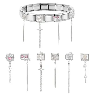 Italian modular charm bracelet in stainless steel with butterfly and moon pendants
