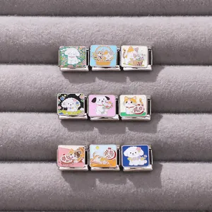 Detail of DIY Italian charm link set featuring cute enamel cat and dog patterns