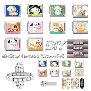 Italian Charm Bracelet detail featuring DIY stainless steel links with cute animal patterns