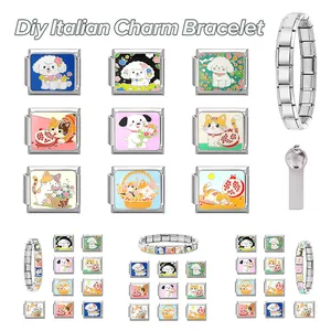 Detailed view of DIY stainless steel Italian charm bracelet with cute dog and cat icons
