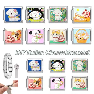 Detail of DIY Italian Charm Bracelet links with colorful enamel pets and opening tool