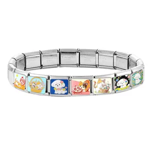 Close-up of stainless steel Italian charm bracelet with cute cat and dog enamel links