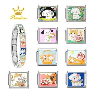 Italian style stainless steel link bracelet with cute cat and dog enamel charms
