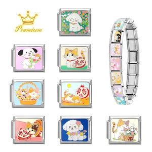 Customizable stainless steel Italian charm bracelet with cute hand-painted pet enamel links