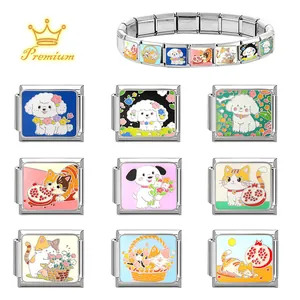Italian charm bracelet with colorful enamel pet and floral stainless steel link modules