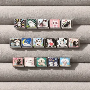 Italian charms featuring assorted cute enamel cat and dog designs on stainless steel links