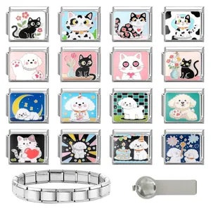 Italian charms kit with 16 cat and dog enamel pieces and stainless steel base bracelet