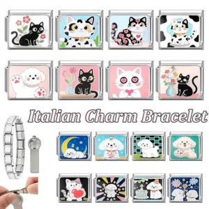 Detail of Italian charm bracelet links featuring colorful enamel cat and dog patterns