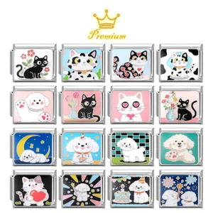 Stainless Steel Italian Charm Link Cute Cartoon Cat Dog Enamel DIY Modular Bracelet Component Jewelry Making Findings