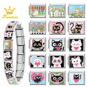 Italian charm bracelet with colorful cartoon cat enamel links in stainless steel