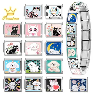 Italian charm bracelet with cute cartoon cat and dog patterns in stainless steel finish