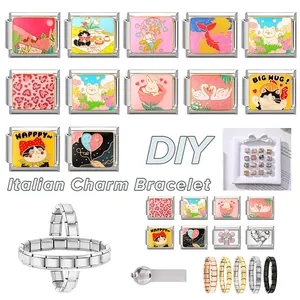 Macro detail of DIY Italian charm bracelet links with colorful enamel animal patterns
