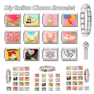 Detail view of Italian charm bracelet links featuring colorful enamel cat and swan patterns