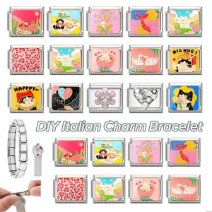 Detailed view of DIY Italian charm bracelet links with cartoon icons and assembly tool