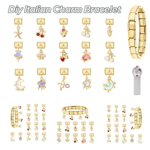 Macro view of modular Italian charm bracelet links featuring colorful enamel and gold finish