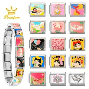 Italian style modular charm bracelet in stainless steel with colorful enamel and zircon charms