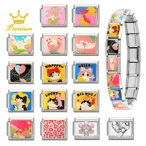 Italian charm bracelet with stainless steel enamel links featuring cartoon animal patterns