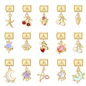 DIY Italian Charm Bracelet Link Stainless Steel Gold Plated Dangle Pendant Cherry Starfish Moon For Modular Bracelet Jewelry Making