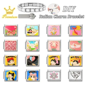 Italian modular charm bracelet kit with 16 decorative links and DIY adjustment tool