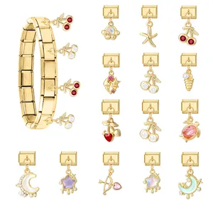 Gold stainless steel modular charm bracelet set with cherry and celestial charms