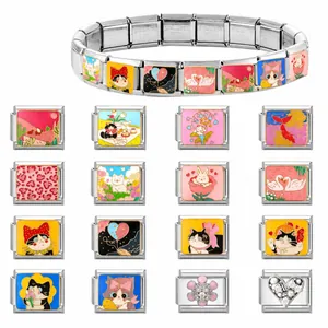 Italian charms stainless steel modular bracelet with colorful enamel pendants