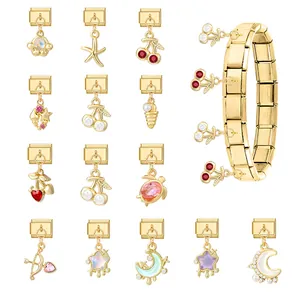 Italian charm bracelet with gold stainless steel modules and colorful crystal charms