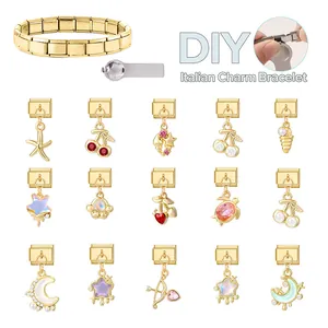 Adjustable golden stainless steel Italian charm bracelet DIY kit with various pendants