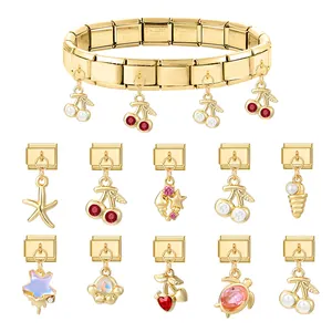 Italian modular charm bracelet in gold stainless steel with multi-pendant DIY charms