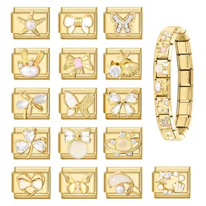 Bracciale componibile italiano dorato con perle, stelle marine e strass in acciaio
