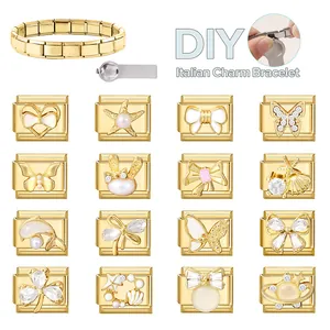 Bracciale componibile italiano con 16 moduli in acciaio inossidabile placcato oro