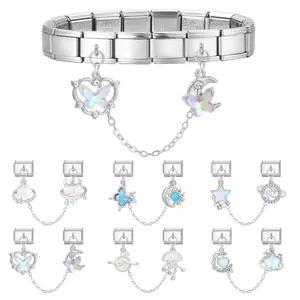 Stainless steel Italian modular charm bracelet with butterfly charms and celestial icons