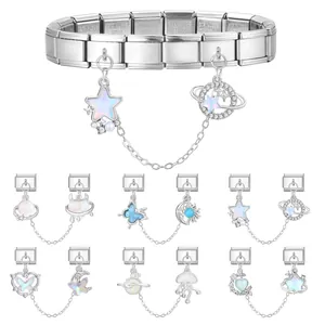 Italian charm bracelet in stainless steel with cosmic star and moon charms