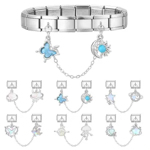 Italian charm bracelet in stainless steel with butterfly and moon pendants charms