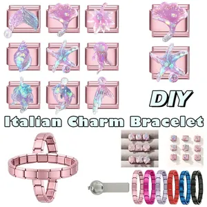 Detailed view of DIY Italian charm bracelet modules featuring colorful sea creature designs