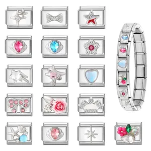Bracelet à breloques italiennes en acier inoxydable avec étoiles et pierres précieuses