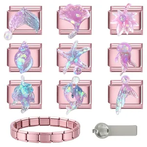 Detailed set of sea-themed purple resin charms with rose gold base for DIY bracelets