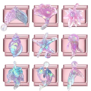 Italian Charm Bracelet Links Stainless Steel Rose Gold Marine Theme DIY Jewelry Findings Iridescent Resin Sea Shell Starfish Fish Tail Modular Charms For Women