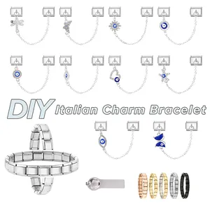 Macro view of stainless steel Italian charm bracelet links featuring evil eye and butterfly charms