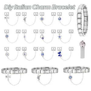 Detailed grid showing stainless steel evil eye Italian charm bracelet DIY components