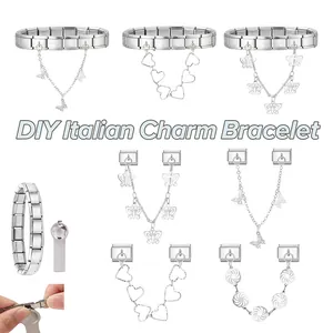 Detailansicht der DIY Italian Charm Bracelet Glieder mit Anhängern aus Edelstahl