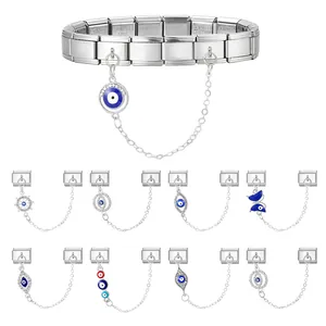 Stainless steel Italian charm bracelet set with blue evil eye and butterfly pendants