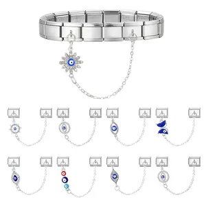 DIY stainless steel Italian charm bracelet featuring evil eye and butterfly modular links