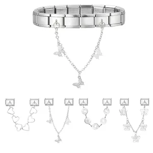Italienisches Charm-Armband aus Edelstahl mit Schmetterlings- und Herzanhängern