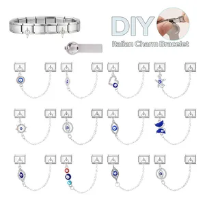 Stainless steel Italian charm bracelet with blue evil eye pendants and star charms