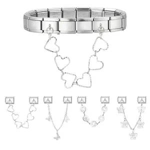 Modulares italienisches Charm-Armband aus Edelstahl mit Herz- und Schmetterling-Sicherheitskette