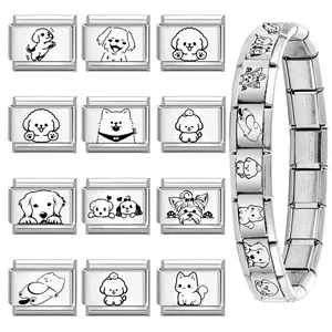 Modulaire Italiaanse bedelarmband van roestvrij staal met gegraveerde cartoon hondenpatronen