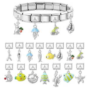 Bracciale modulare italiano in acciaio inossidabile con ciondoli marini e animali